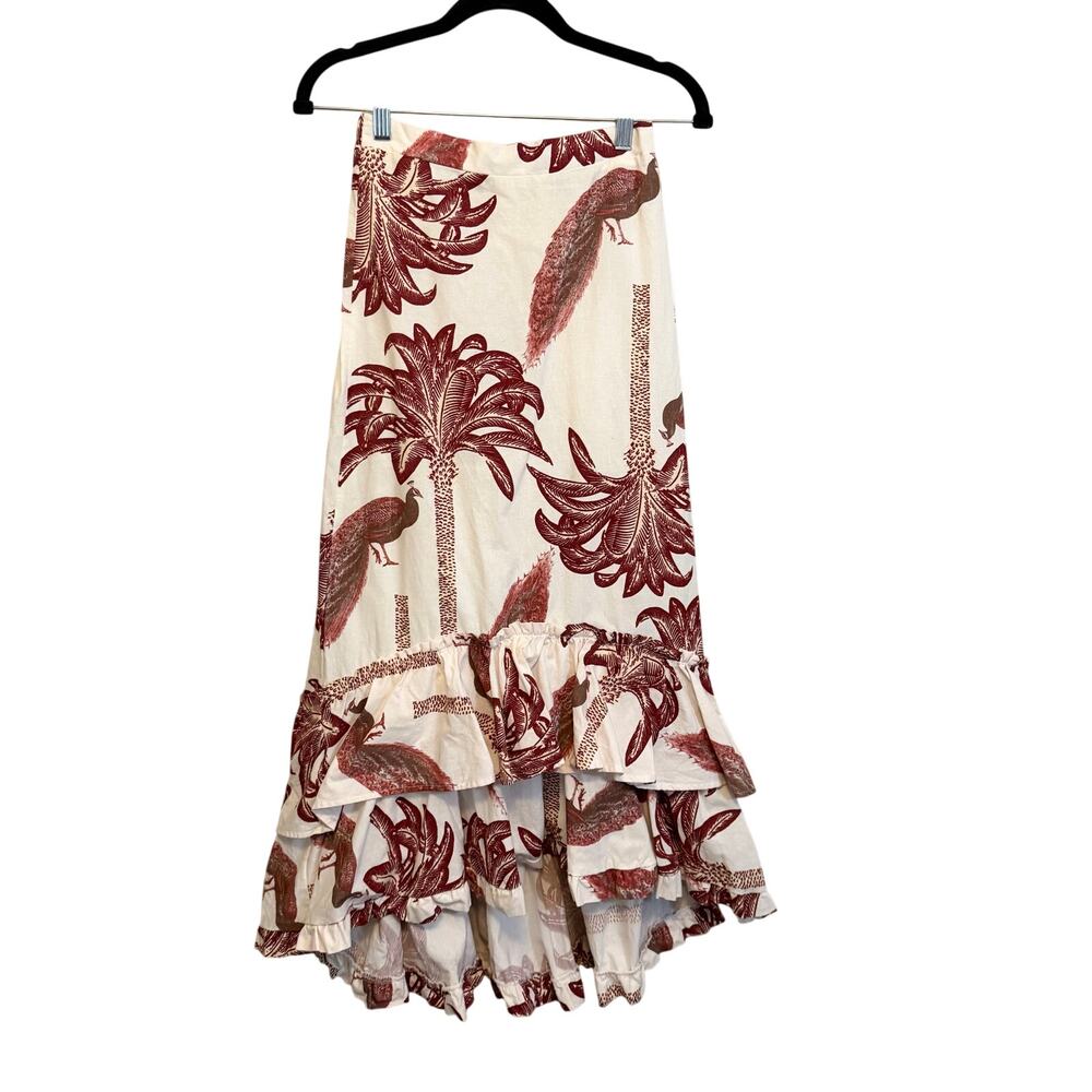 Tennis Maxi Skirt Size XS Ruffled Palm Trees Peacocks Boho Resortwear Tropical